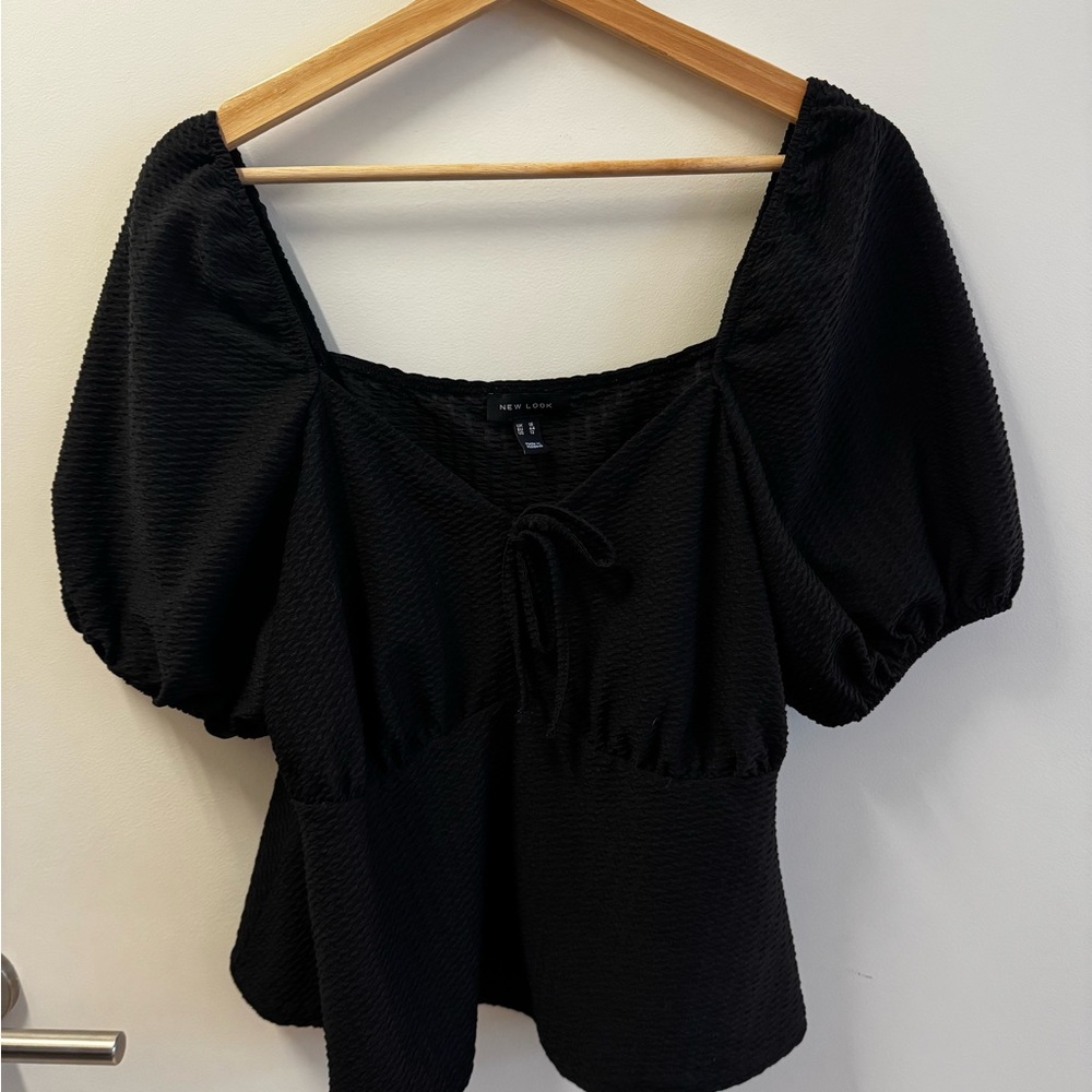 Black Puff Sleeve Peplum Top With Bow Detail - Size 12